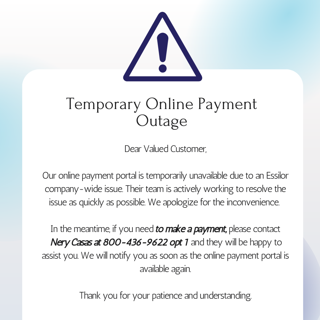 Warning icon with 'Temporary Online Payment Outage' notice explaining portal is temporarily unavailable and contact info provided for assistance.